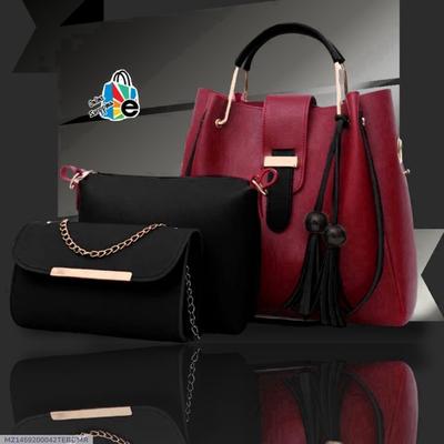 Stylish Girl's Rexine Hand Bag Set - 3 Pcs in Maroon